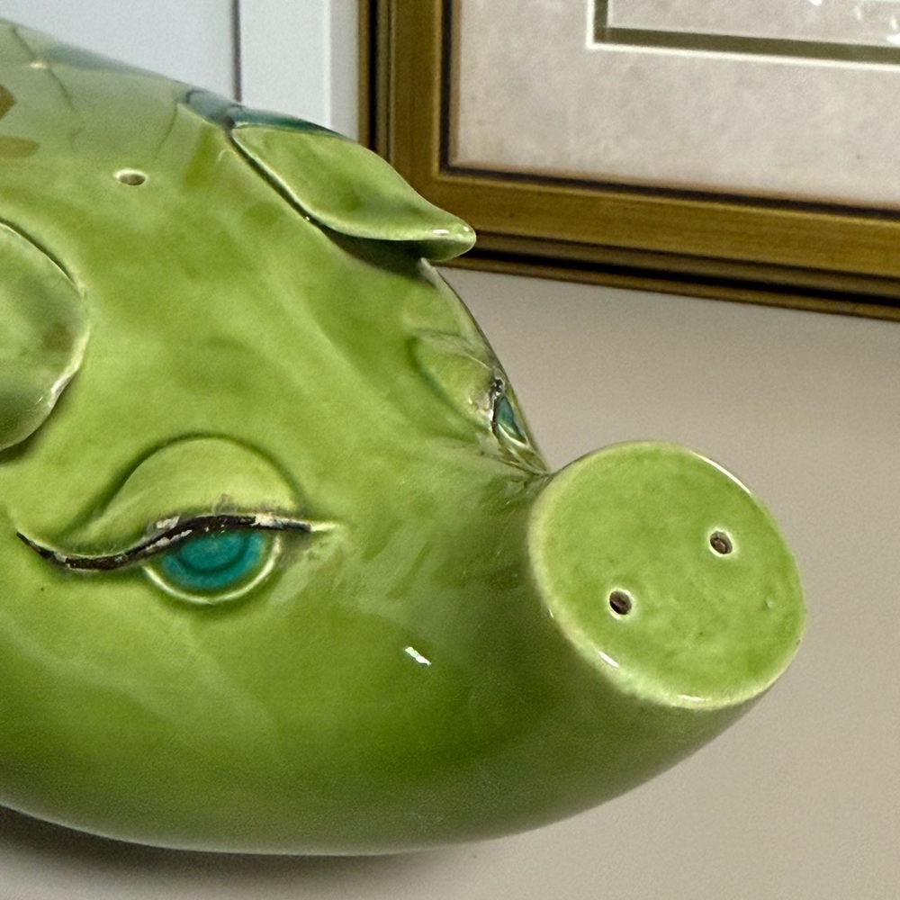 Green Ceramic Decorative Pig Figurine with Teal Accents - Picture 5 of 16